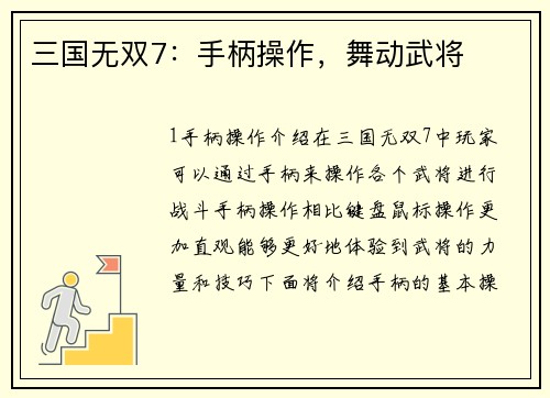 三国无双7：手柄操作，舞动武将